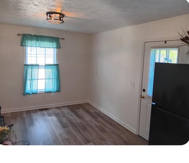 interior space with baseboards, a textured ceiling, plenty of natural light, and wood finished floors