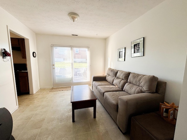 living room featuring a textured ceiling