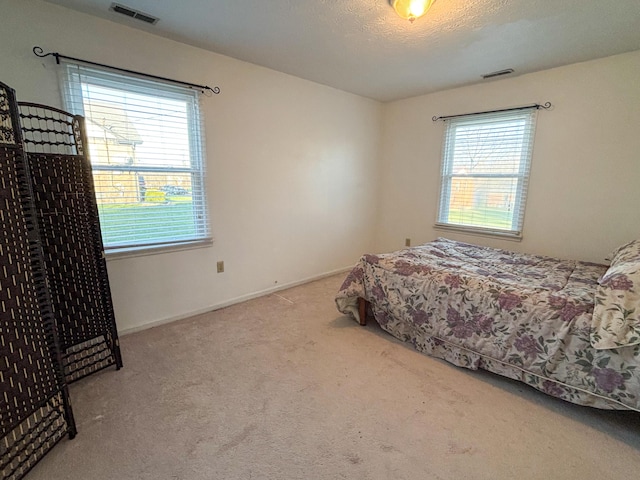 carpeted bedroom featuring multiple windows and a textured ceiling