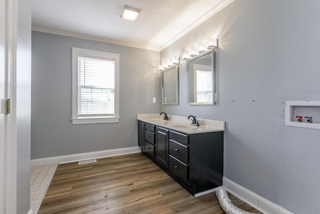 bathroom featuring ornamental molding, a healthy amount of sunlight, and a sink