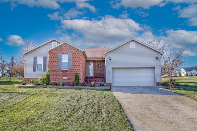 ranch-style home featuring a garage, driveway, a front lawn, and brick siding