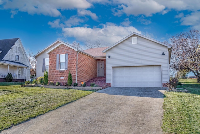 ranch-style home with a garage, a front lawn, concrete driveway, and brick siding