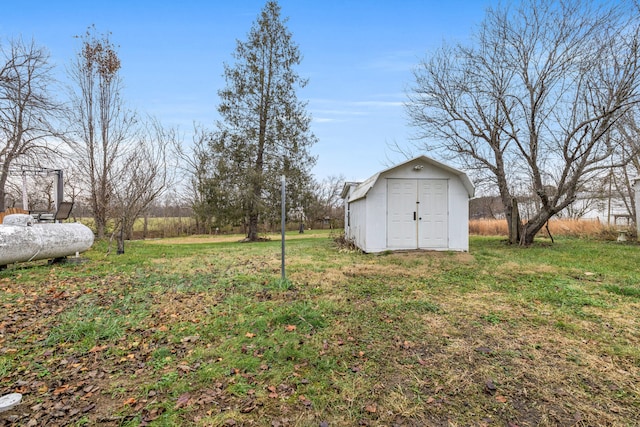 view of yard featuring a storage unit