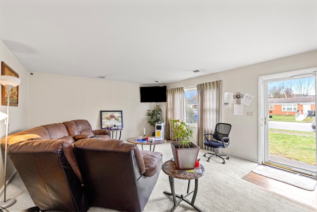 living room featuring light colored carpet