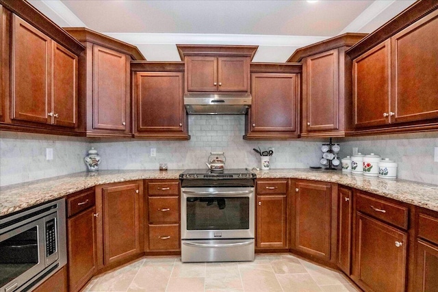 kitchen featuring tasteful backsplash, light stone counters, crown molding, and appliances with stainless steel finishes