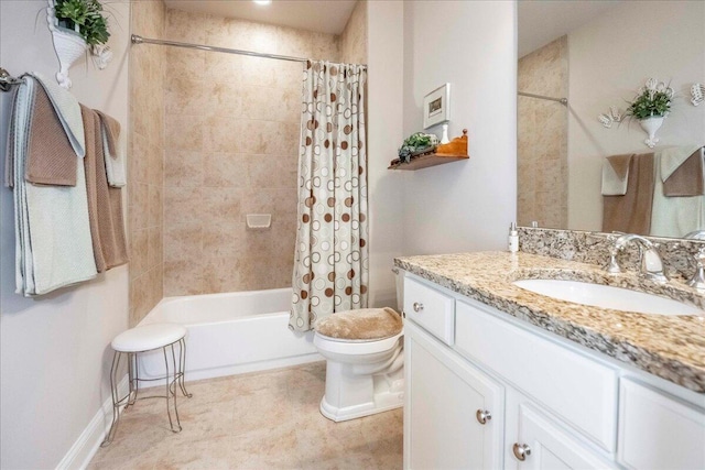 full bathroom with tile patterned floors, vanity, toilet, and shower / tub combo with curtain