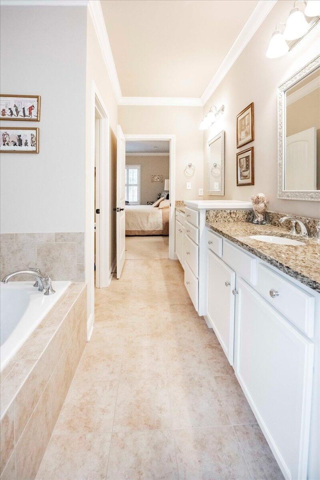 bathroom with vanity, a relaxing tiled tub, tile patterned floors, and crown molding