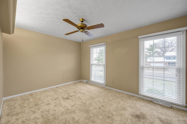 unfurnished room with carpet, a healthy amount of sunlight, and a textured ceiling