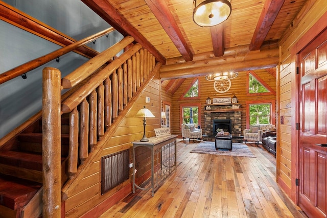 living room featuring wood walls, wooden ceiling, lofted ceiling with beams, light wood-type flooring, and a fireplace