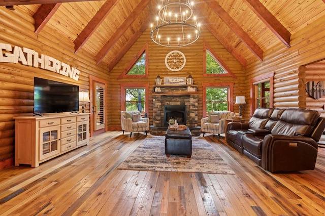 unfurnished living room with a stone fireplace, log walls, high vaulted ceiling, and hardwood / wood-style flooring