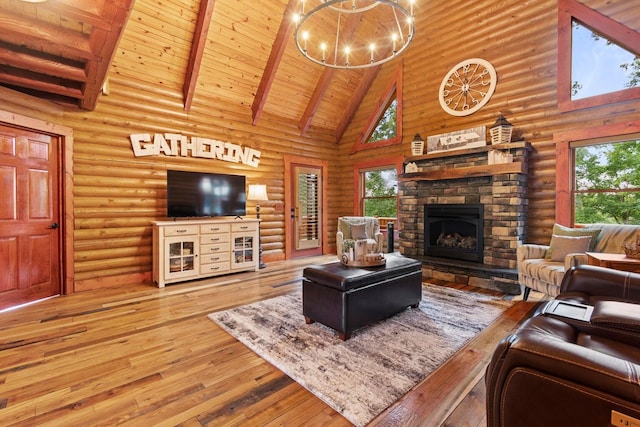 living room featuring beam ceiling, a stone fireplace, high vaulted ceiling, wood-type flooring, and wood ceiling