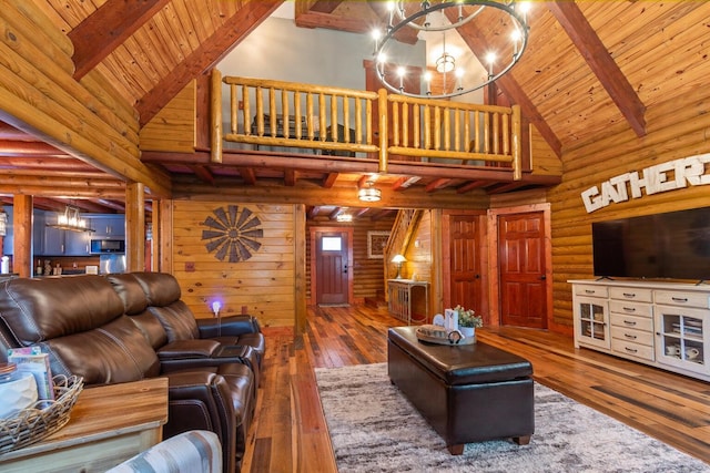 living room featuring beam ceiling, high vaulted ceiling, and dark wood-type flooring