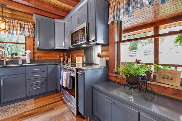 kitchen with stainless steel appliances, gray cabinets, wooden ceiling, and light hardwood / wood-style floors