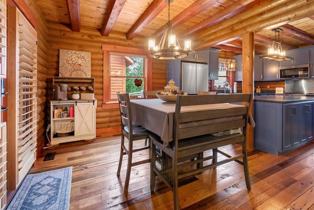 dining room with hardwood / wood-style floors, wooden ceiling, sink, beamed ceiling, and a chandelier