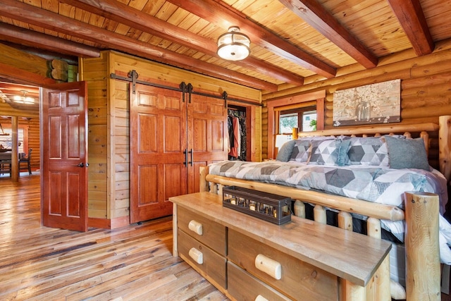 bedroom featuring beamed ceiling, light hardwood / wood-style floors, a closet, and wooden ceiling