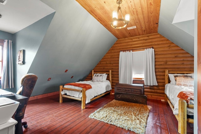 bedroom with dark hardwood / wood-style flooring, lofted ceiling, log walls, and wooden ceiling