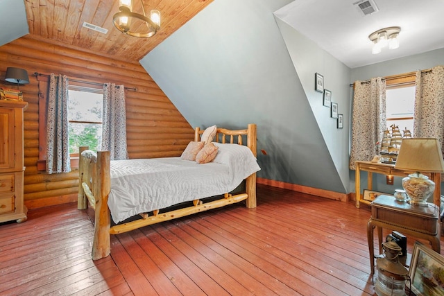 bedroom with hardwood / wood-style floors, wood ceiling, log walls, and vaulted ceiling