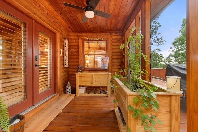 sunroom / solarium featuring ceiling fan and wooden ceiling