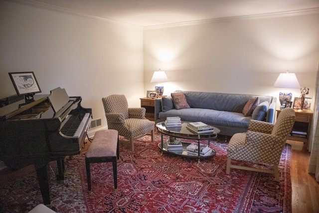 living room with ornamental molding