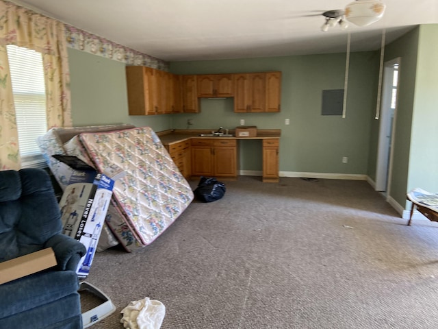 kitchen featuring electric panel, sink, and light colored carpet