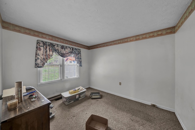 interior space with carpet flooring and a textured ceiling