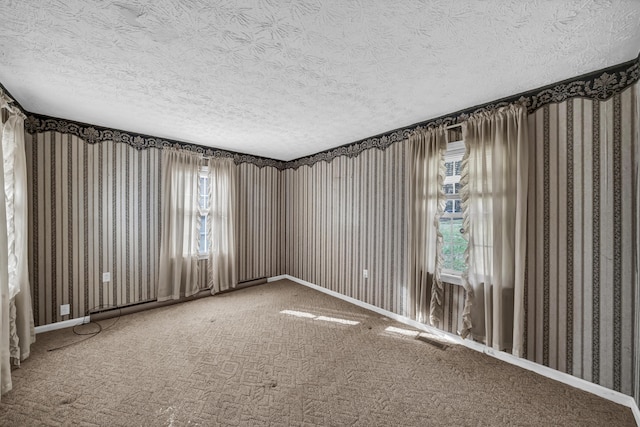 carpeted empty room with a textured ceiling