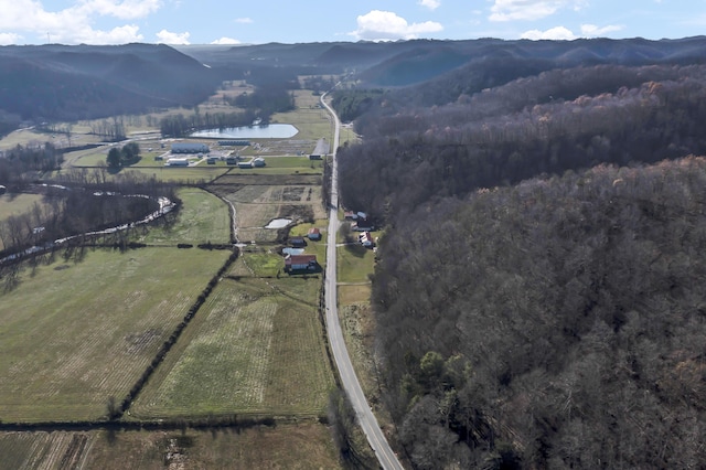 birds eye view of property featuring a rural view and a water and mountain view