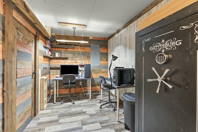 office featuring hardwood / wood-style floors, electric panel, and wooden walls