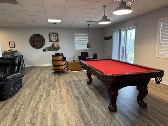 playroom with hardwood / wood-style floors, a paneled ceiling, and billiards