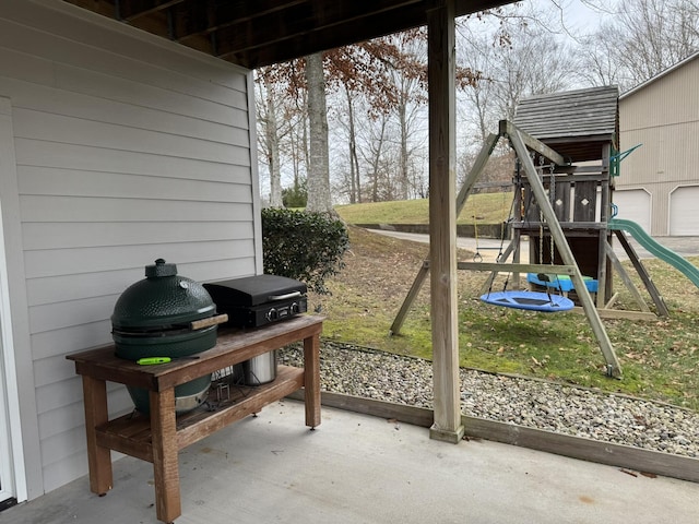 view of patio featuring a playground