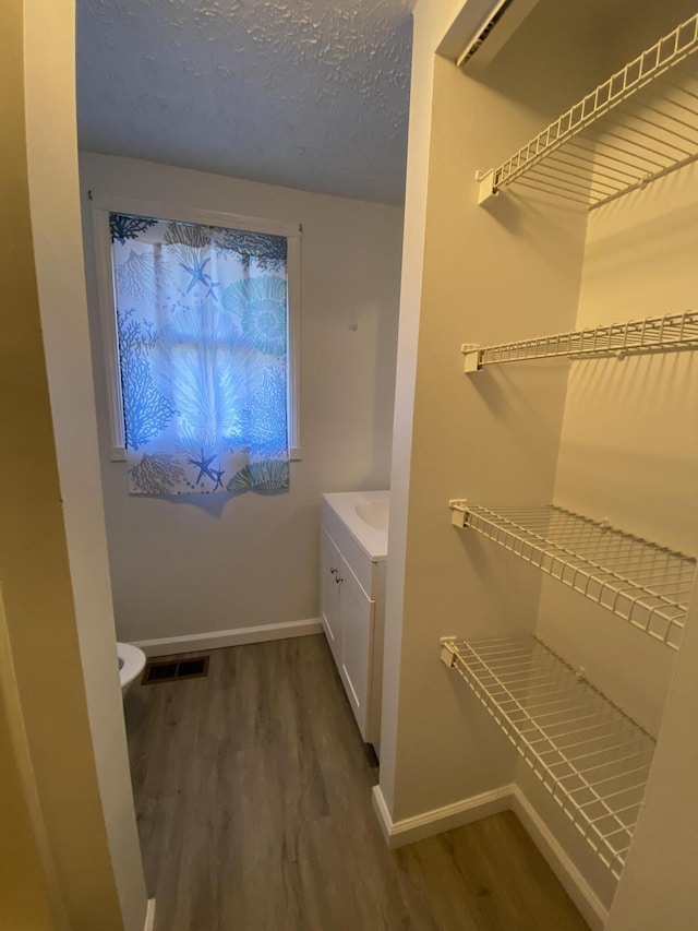 bathroom with hardwood / wood-style floors, vanity, and toilet