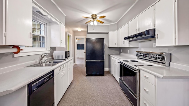 kitchen with white cabinets, sink, ceiling fan, and black appliances