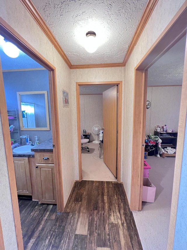 corridor featuring a textured ceiling, sink, ornamental molding, and dark wood-type flooring