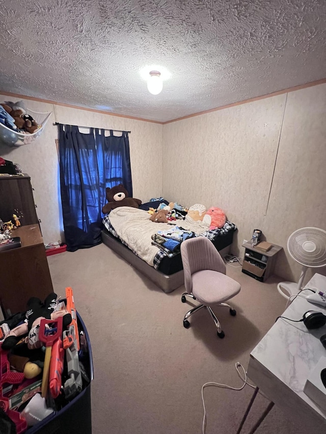 carpeted bedroom featuring a textured ceiling