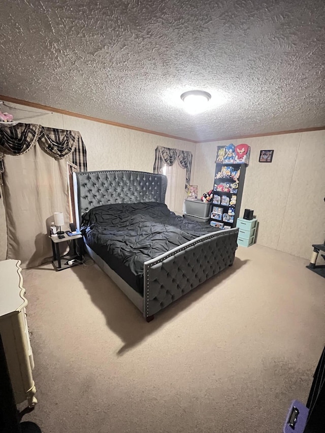 carpeted bedroom with crown molding and a textured ceiling