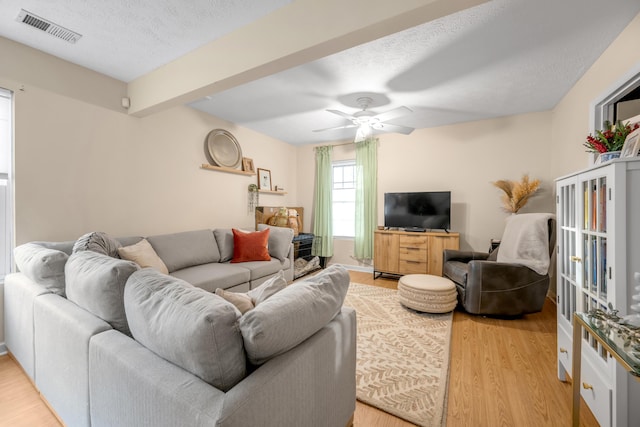 living room featuring hardwood / wood-style flooring, ceiling fan, a textured ceiling, and beamed ceiling