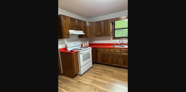 kitchen featuring electric range, sink, and light hardwood / wood-style flooring