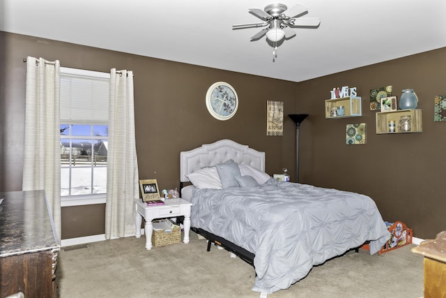 bedroom featuring carpet flooring and ceiling fan