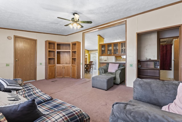 living room with carpet flooring, vaulted ceiling, and a textured ceiling