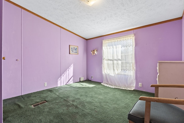 interior space with carpet, crown molding, a textured ceiling, and vaulted ceiling