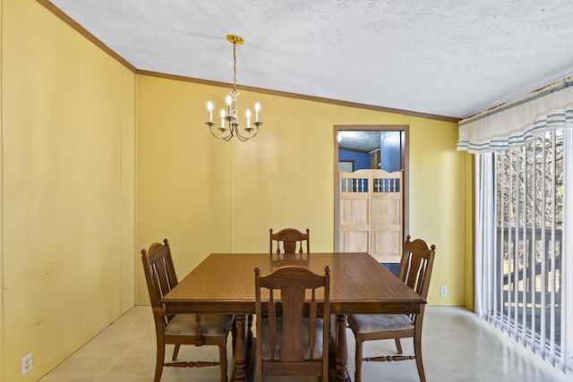 dining area featuring crown molding, lofted ceiling, a textured ceiling, and a chandelier