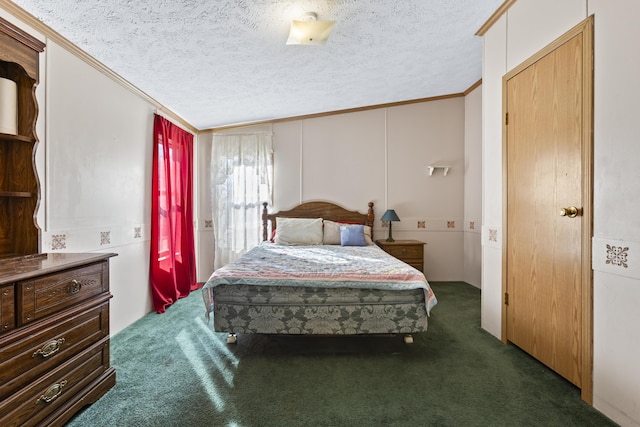 bedroom featuring ornamental molding, a textured ceiling, dark carpet, and vaulted ceiling