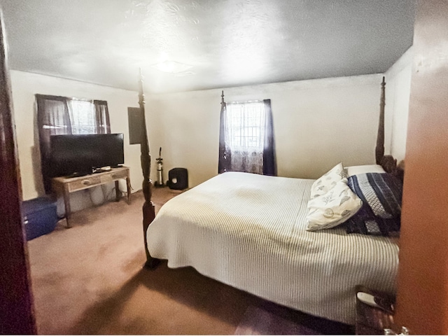 carpeted bedroom with a textured ceiling