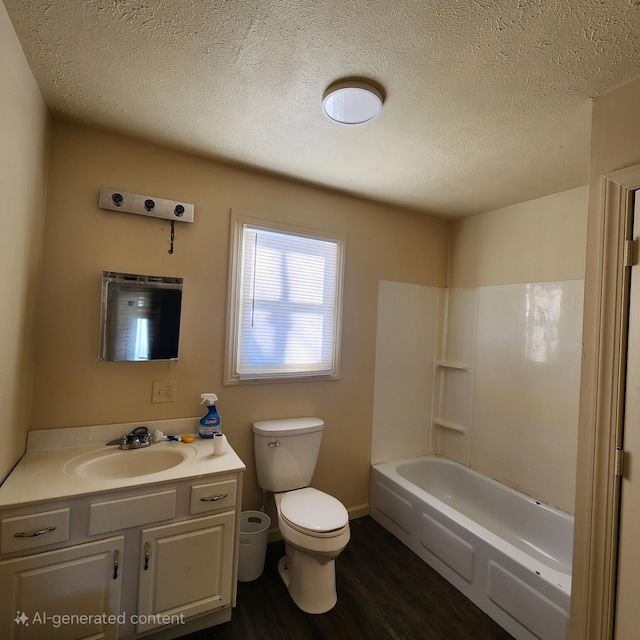 full bathroom featuring toilet, a textured ceiling, hardwood / wood-style floors,  shower combination, and vanity