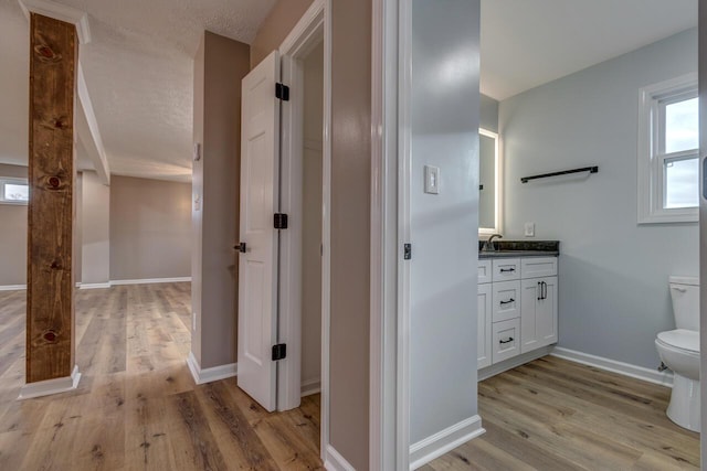 bathroom with hardwood / wood-style floors, vanity, and toilet