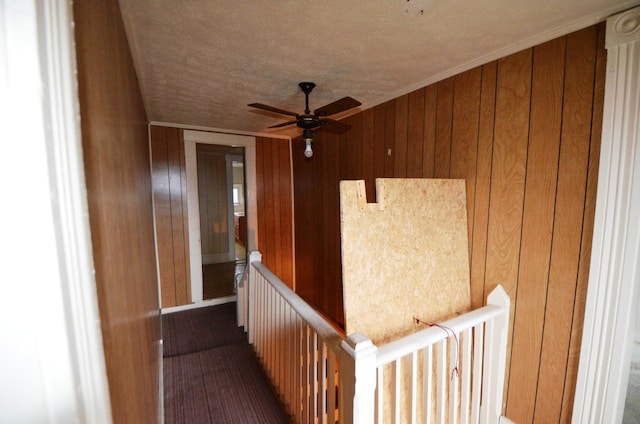 hallway featuring dark hardwood / wood-style floors and wooden walls