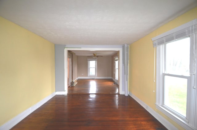 hallway with a textured ceiling and dark hardwood / wood-style floors