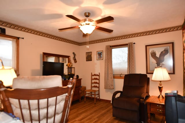 living area with ceiling fan and hardwood / wood-style flooring