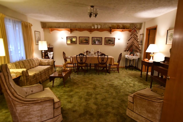 living room with a textured ceiling and carpet flooring