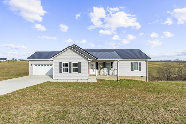 ranch-style house featuring a garage, covered porch, and a front yard